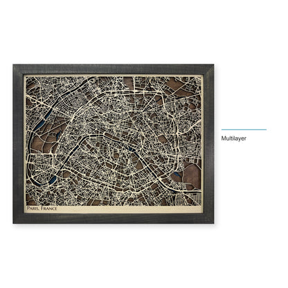 Paris, France Wood Map — Multilayer — style-labeled photo
