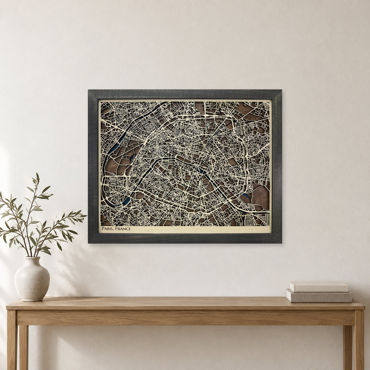 Paris, France Wood Map — Multilayer — room mockup