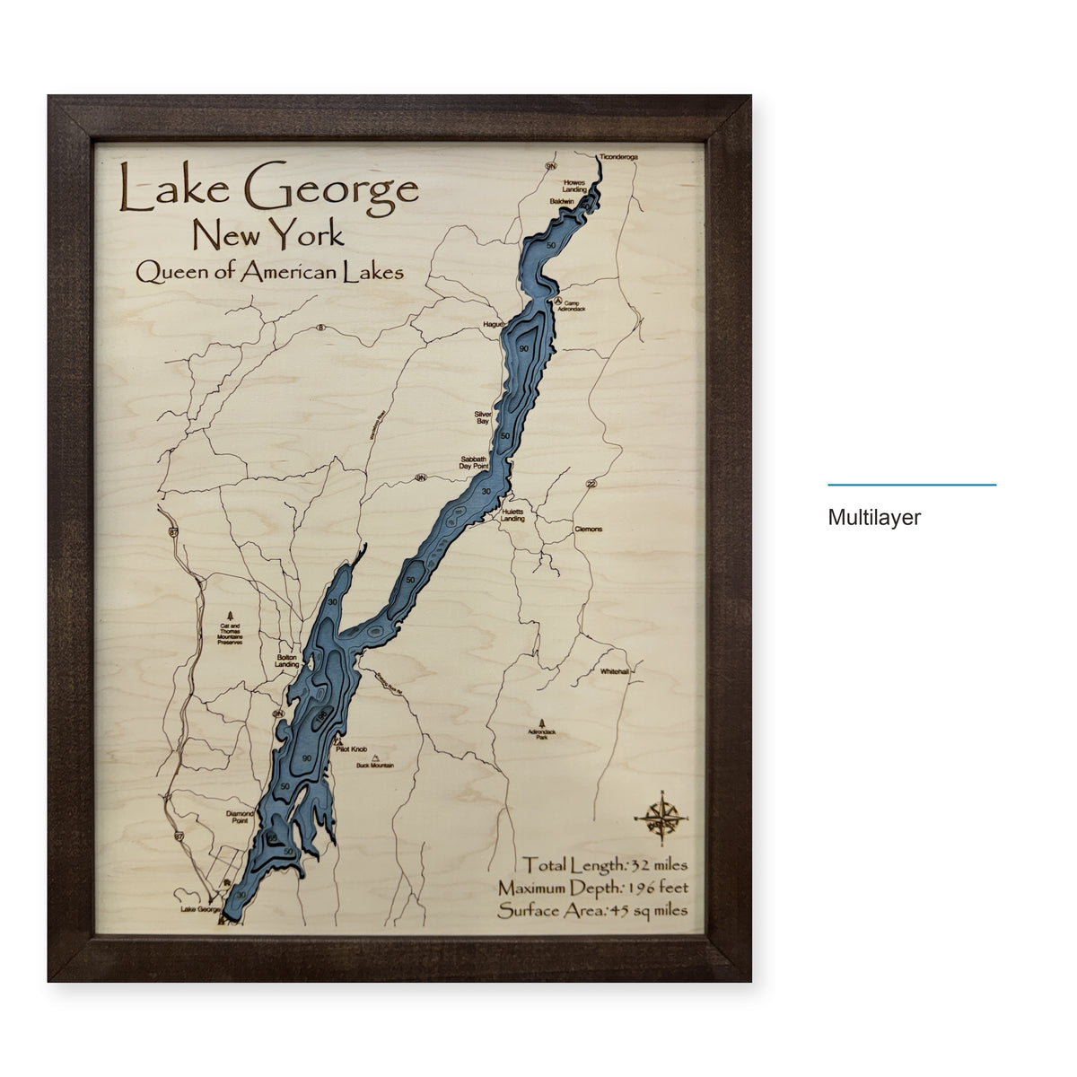 Lake George, New York, Wood Map — Multilayer — style-labeled photo
