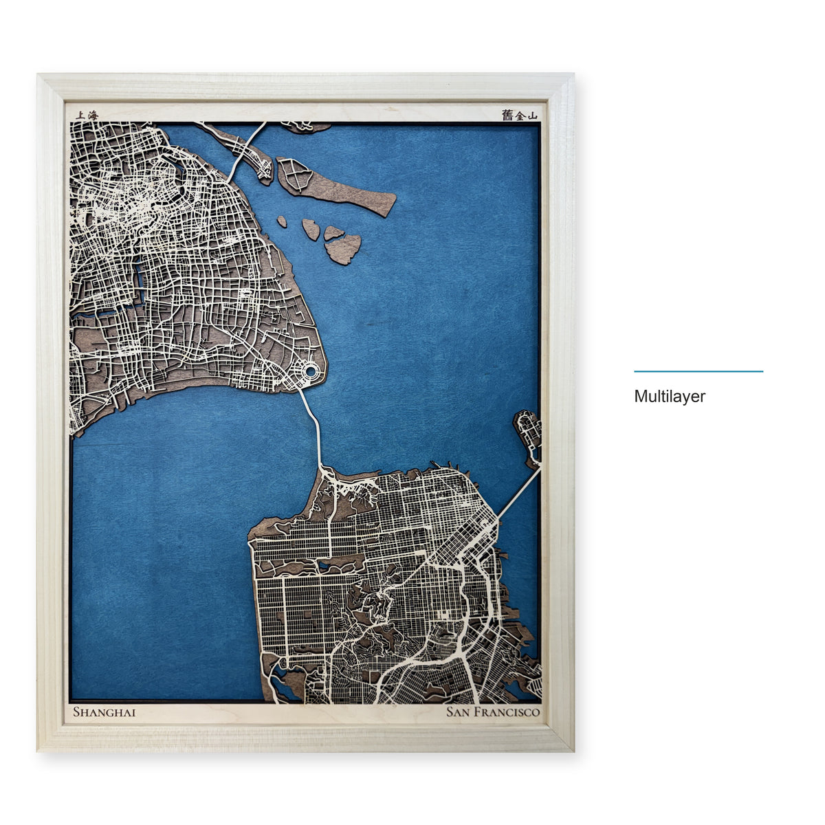 Shanghai and San Francisco Two-Location Wood Map — Multilayer — style-labeled photo