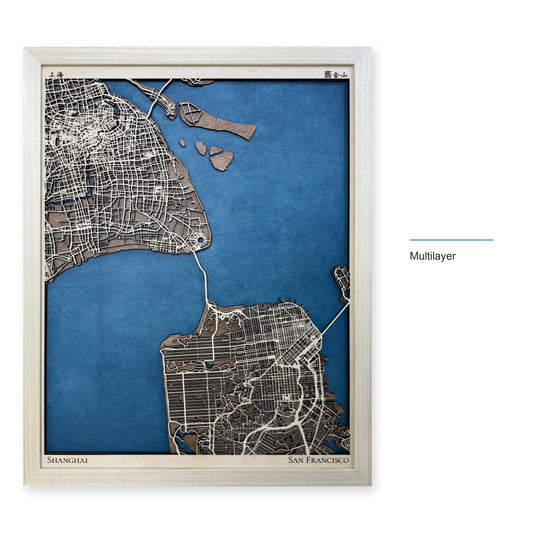 Shanghai and San Francisco Two-Location Wood Map — Multilayer — style-labeled photo