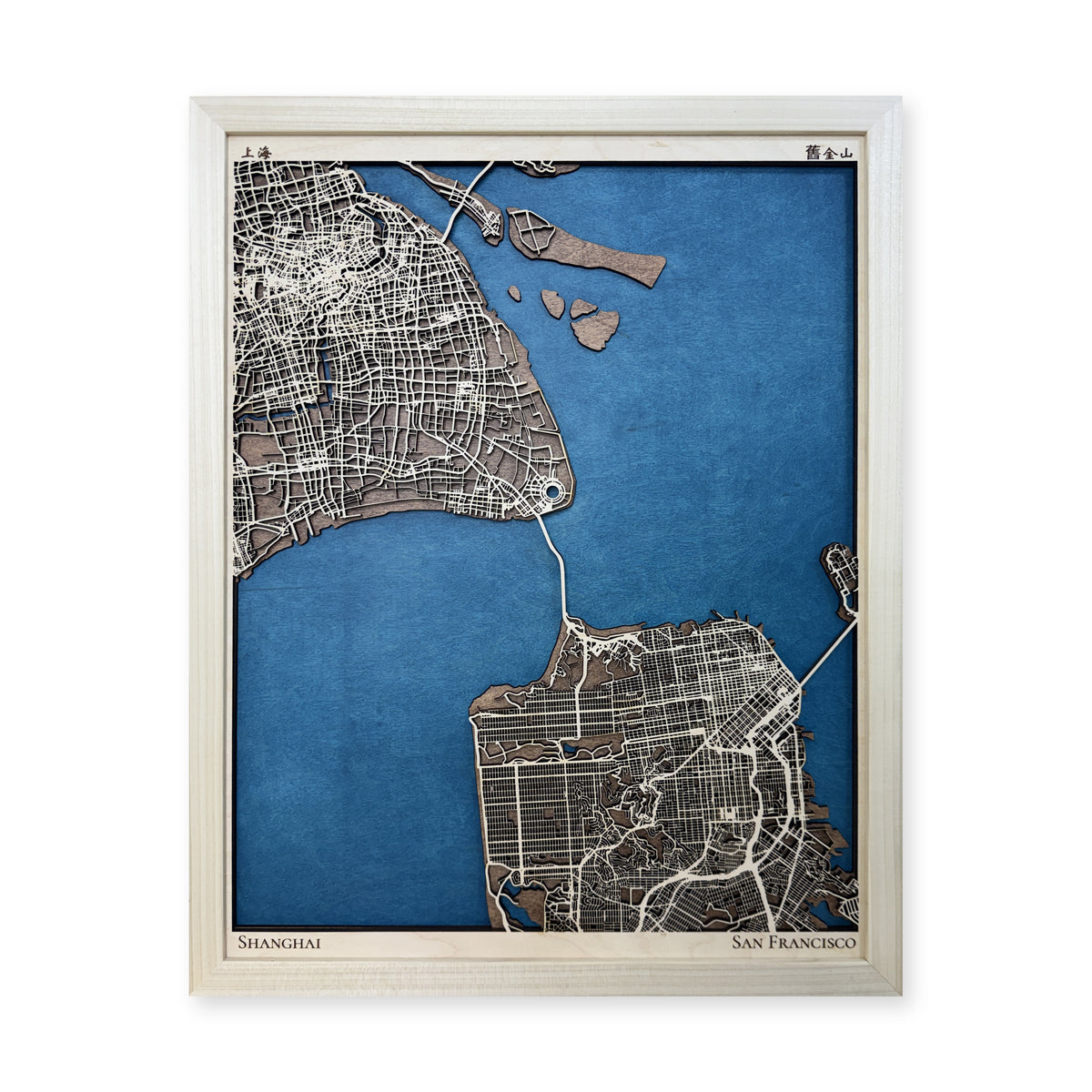Shanghai and San Francisco Two-Location Wood Map — Multilayer — plain-background photo