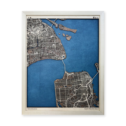 Shanghai and San Francisco Two-Location Wood Map — Multilayer — plain-background photo