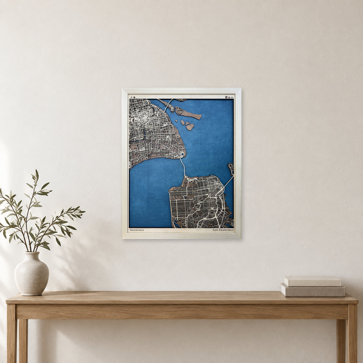 Shanghai and San Francisco Two-Location Wood Map — Multilayer — room mockup