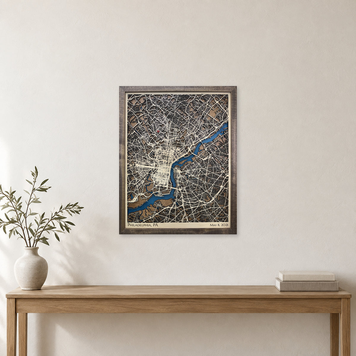 Philadelphia, PA, Wood City Map — Multilayer — room mockup