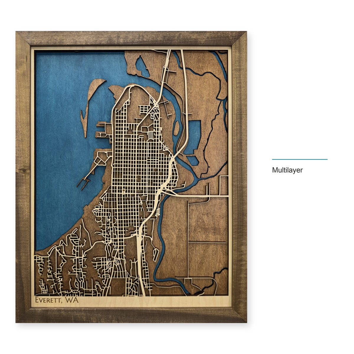 Everett, Washington Wood Map — Multilayer — style-labeled photo