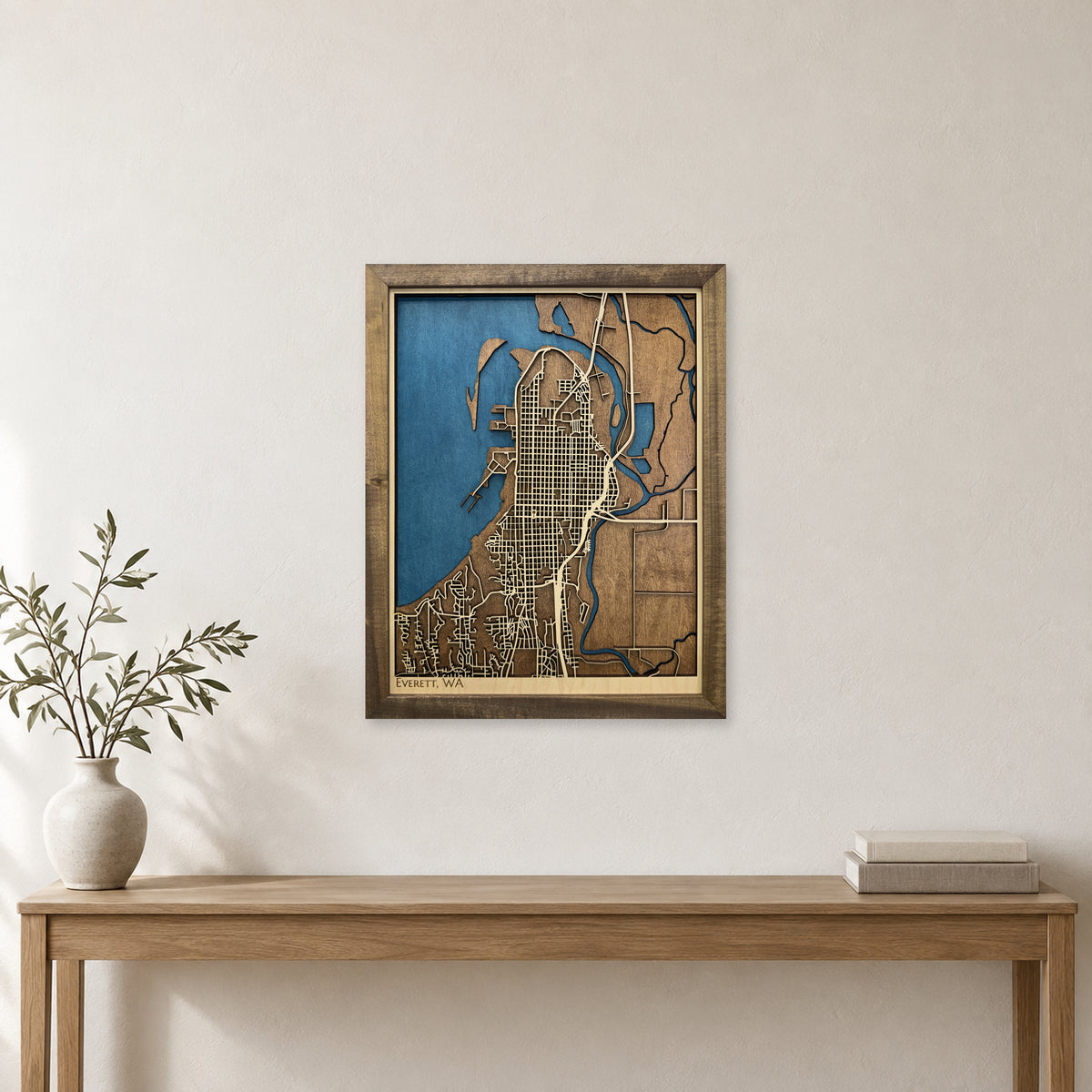 Everett, Washington Wood Map — Multilayer — room mockup