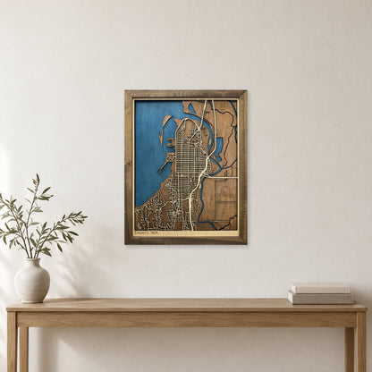 Everett, Washington Wood Map — Multilayer — room mockup