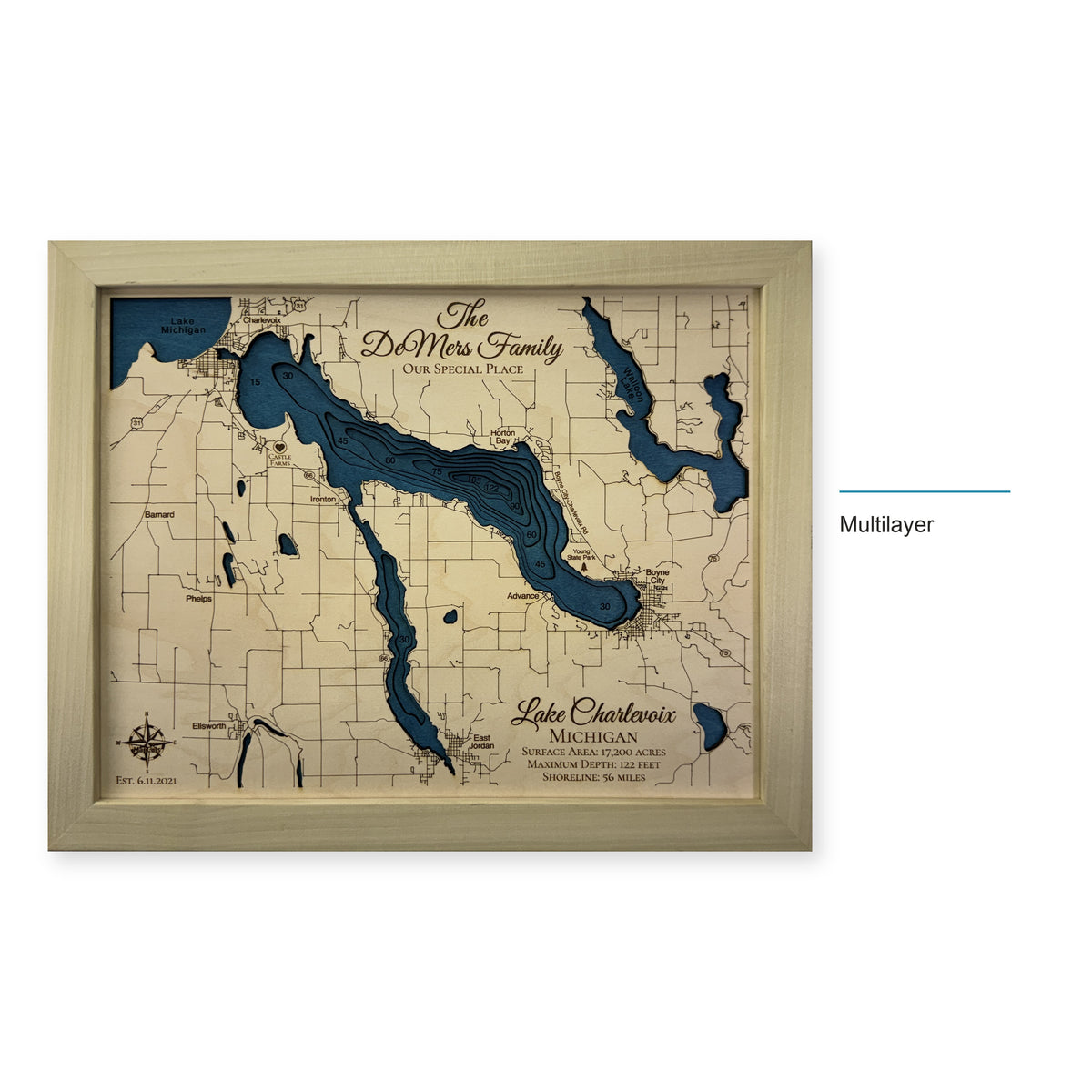 Lake Charlevoix, Michigan Wood Map — Multilayer — style-labeled photo