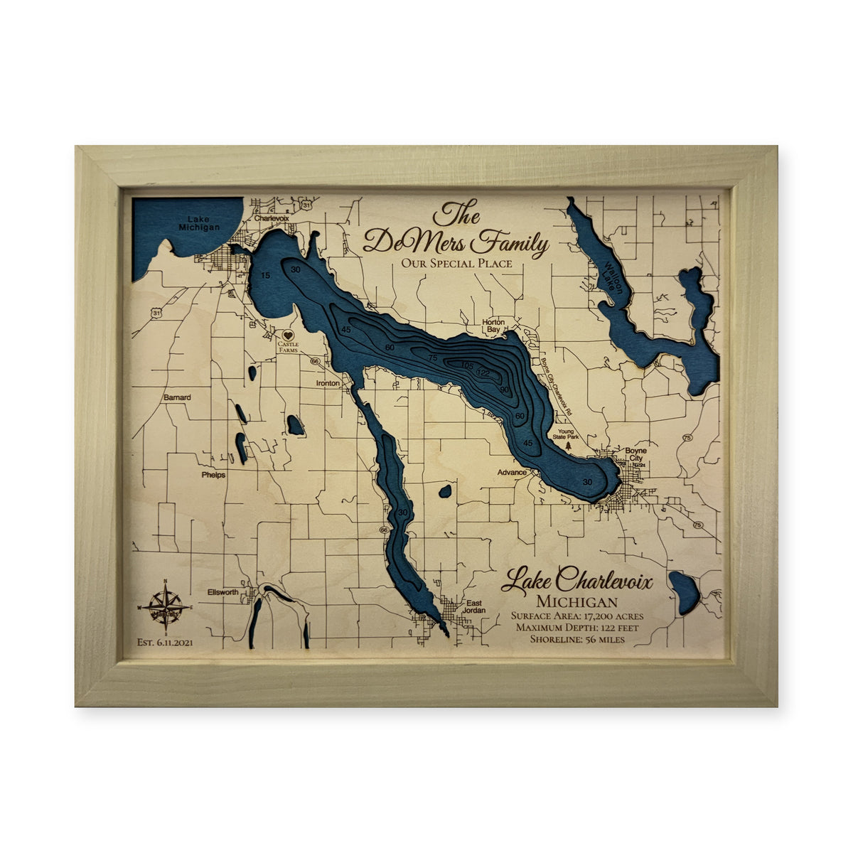 Lake Charlevoix, Michigan Wood Map — Multilayer — plain-background photo
