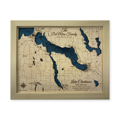 Lake Charlevoix, Michigan Wood Map — Multilayer — plain-background photo