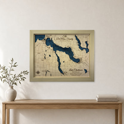 Lake Charlevoix, Michigan Wood Map — Multilayer — room mockup