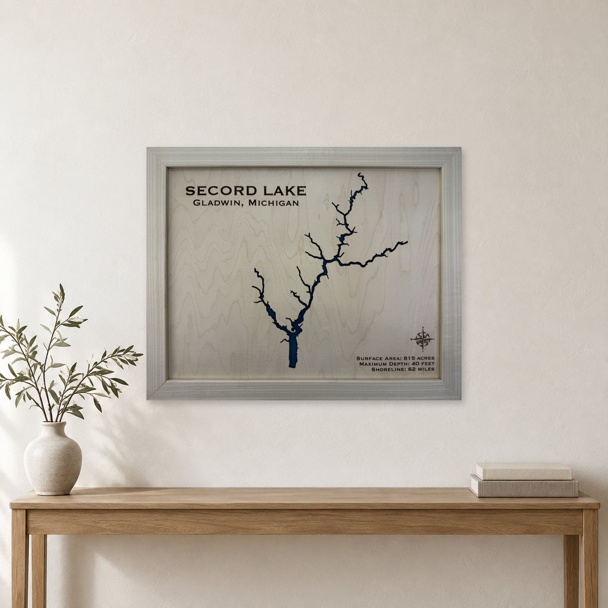Secord Lake, Michigan Wood Map — Single layer — room mockup