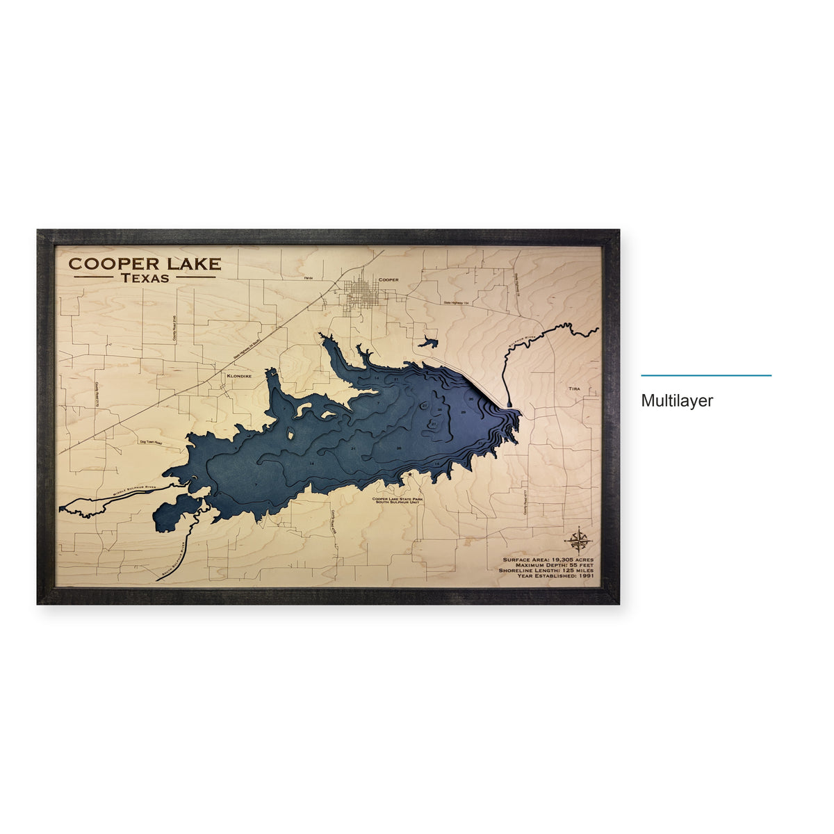Cooper Lake, Texas Wood Map — Multilayer — style-labeled photo