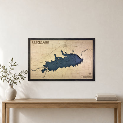 Cooper Lake, Texas Wood Map — Multilayer — room mockup