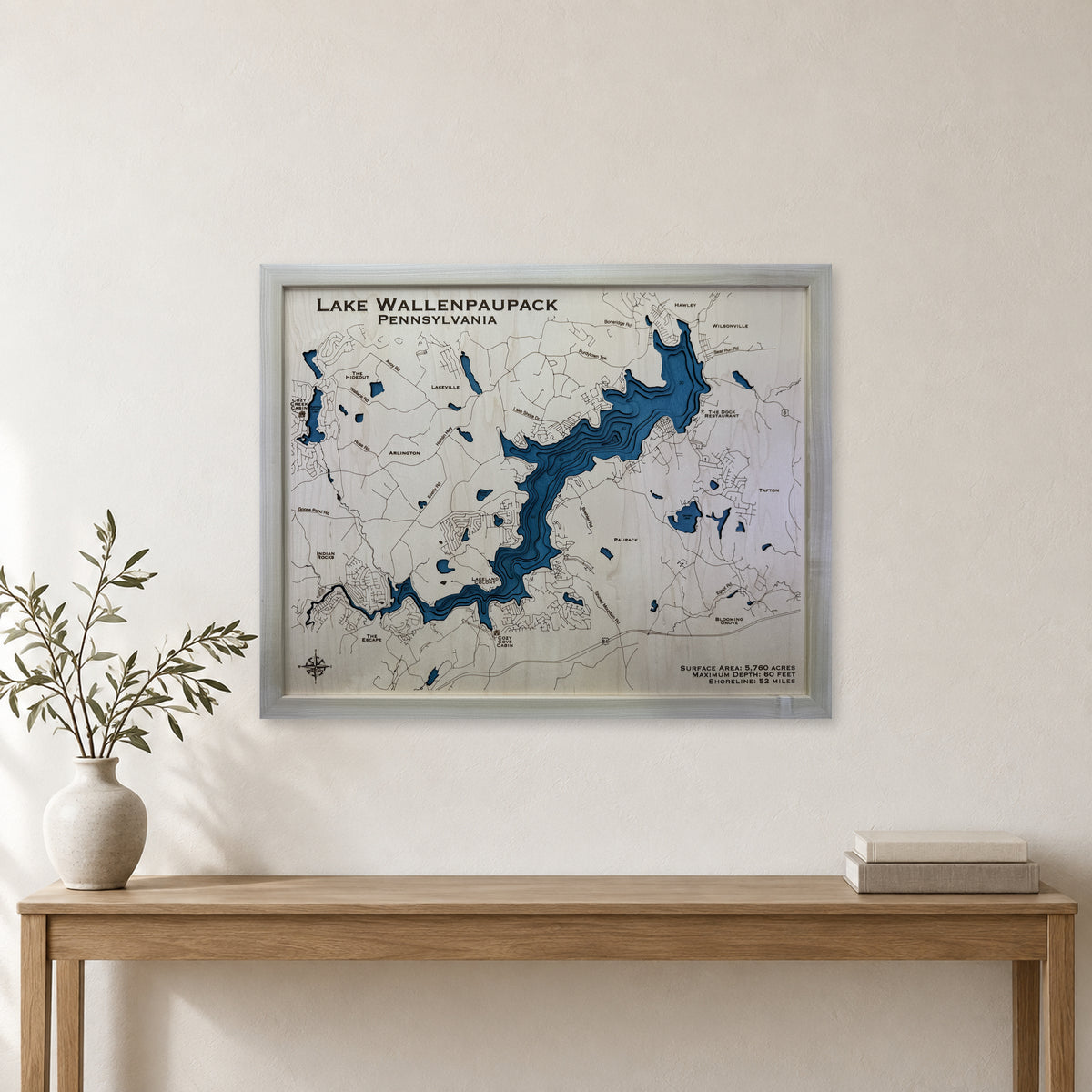 Lake Wallenpaupack Wood Map — Multilayer — room mockup