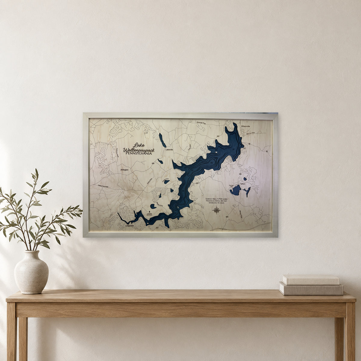 Lake Wallenpaupack Wood Map — Multilayer — room mockup