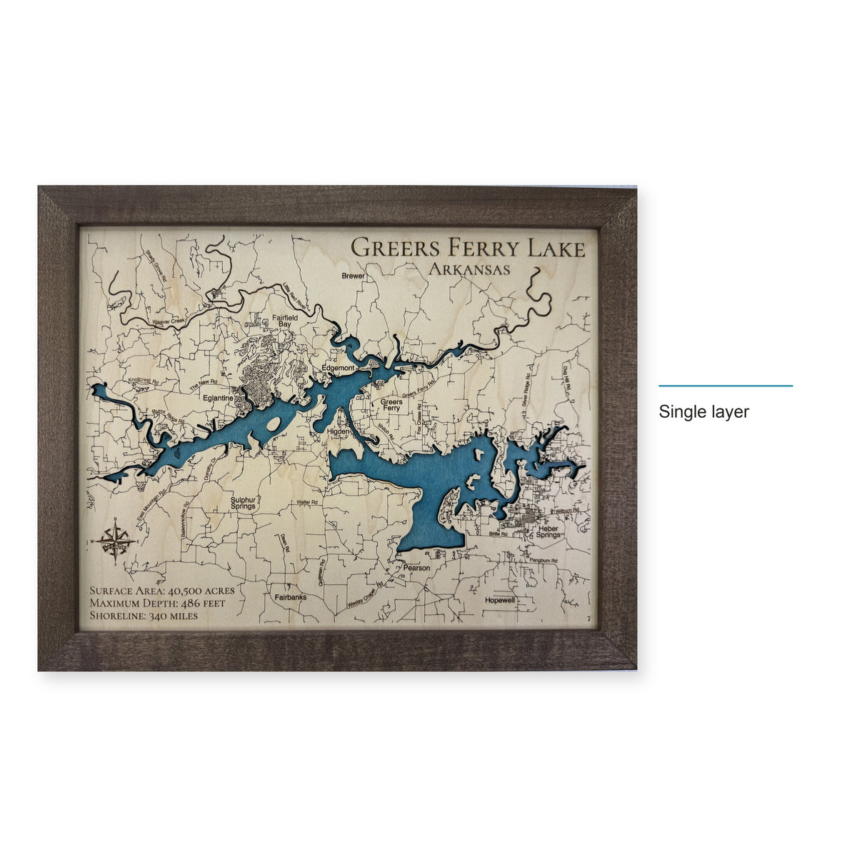 Greers Ferry Lake, Arkansas Wood Map — Single layer — style-labeled photo