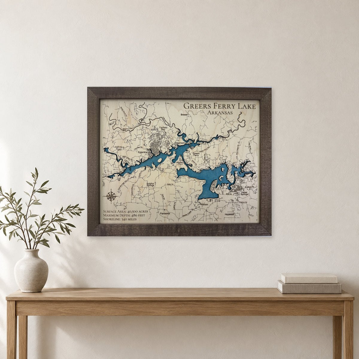 Greers Ferry Lake, Arkansas Wood Map — Single layer — room mockup