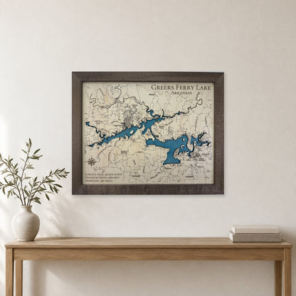 Greers Ferry Lake, Arkansas Wood Map — Single layer — room mockup