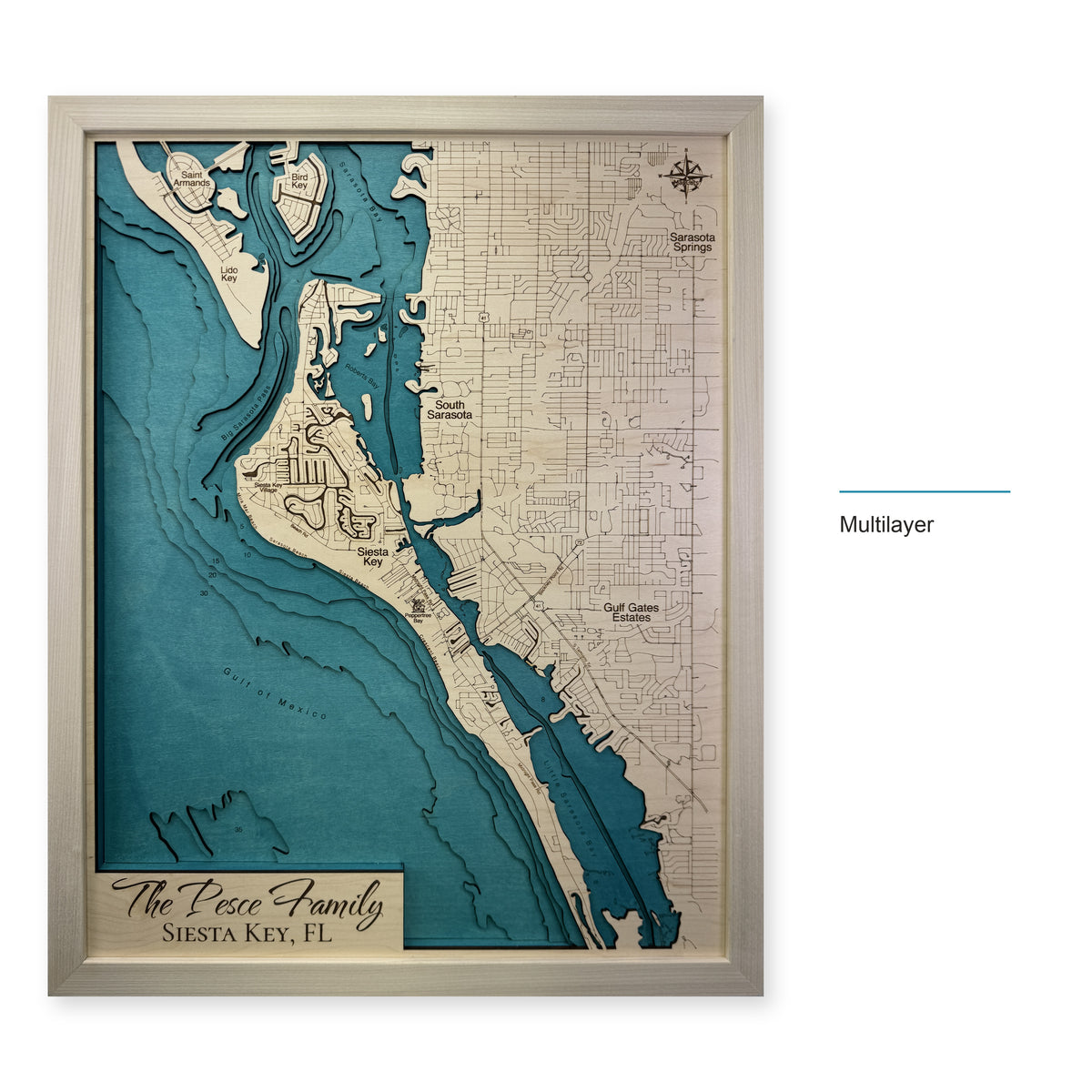 Siesta Key, Florida Wood Map — Multilayer — style-labeled photo