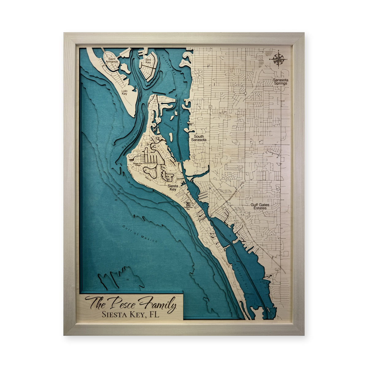 Siesta Key, Florida Wood Map — Multilayer — plain-background photo