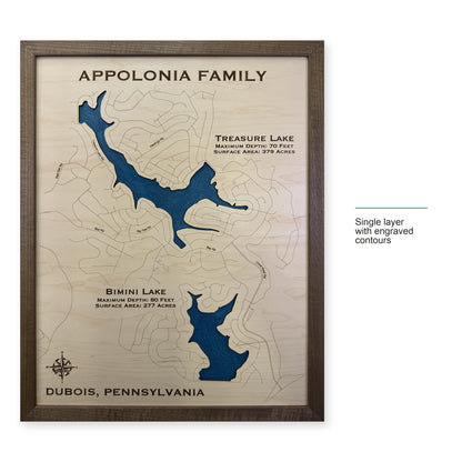 Treasure Lake and DuBois, Pennsylvania Wood Map — Single layer with engraved contours — style-labeled photo