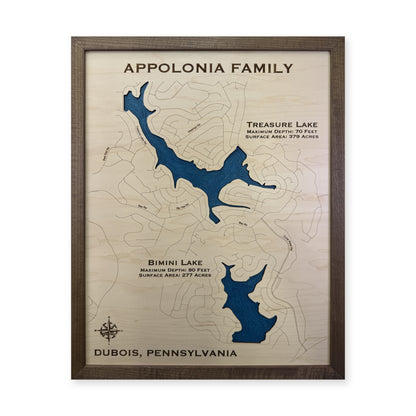 Treasure Lake and DuBois, Pennsylvania Wood Map — Single layer with engraved contours — plain-background photo