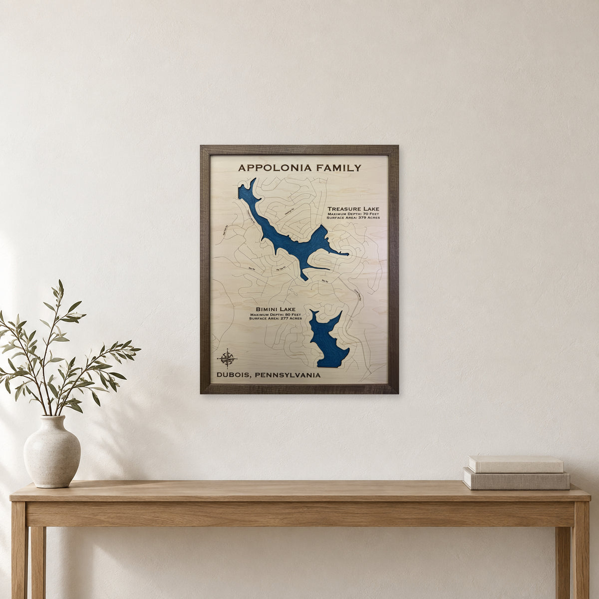 Treasure Lake and DuBois, Pennsylvania Wood Map — Single layer with engraved contours — room mockup