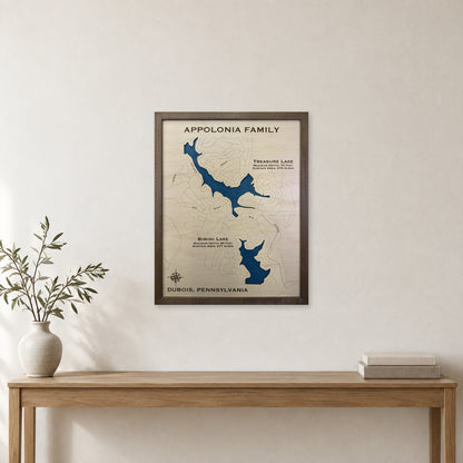 Treasure Lake and DuBois, Pennsylvania Wood Map — Single layer with engraved contours — room mockup