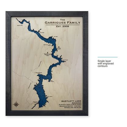Bartlett Lake, Arizona Wood Map — Single layer with engraved contours — style-labeled photo