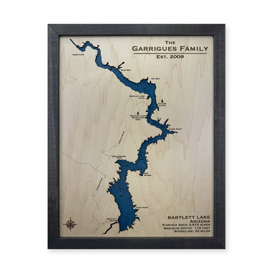 Bartlett Lake, Arizona Wood Map — Single layer with engraved contours — plain-background photo
