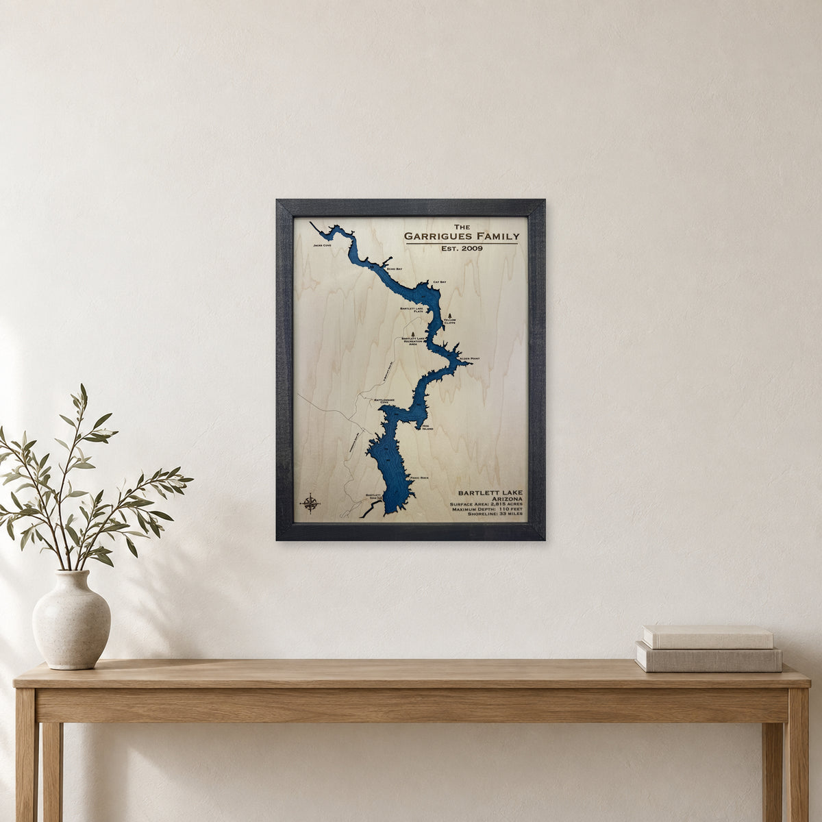 Bartlett Lake, Arizona Wood Map — Single layer with engraved contours — room mockup