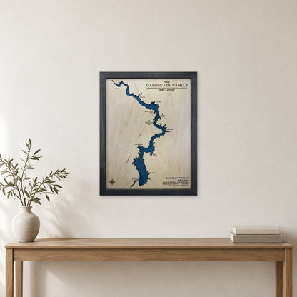 Bartlett Lake, Arizona Wood Map — Single layer with engraved contours — room mockup