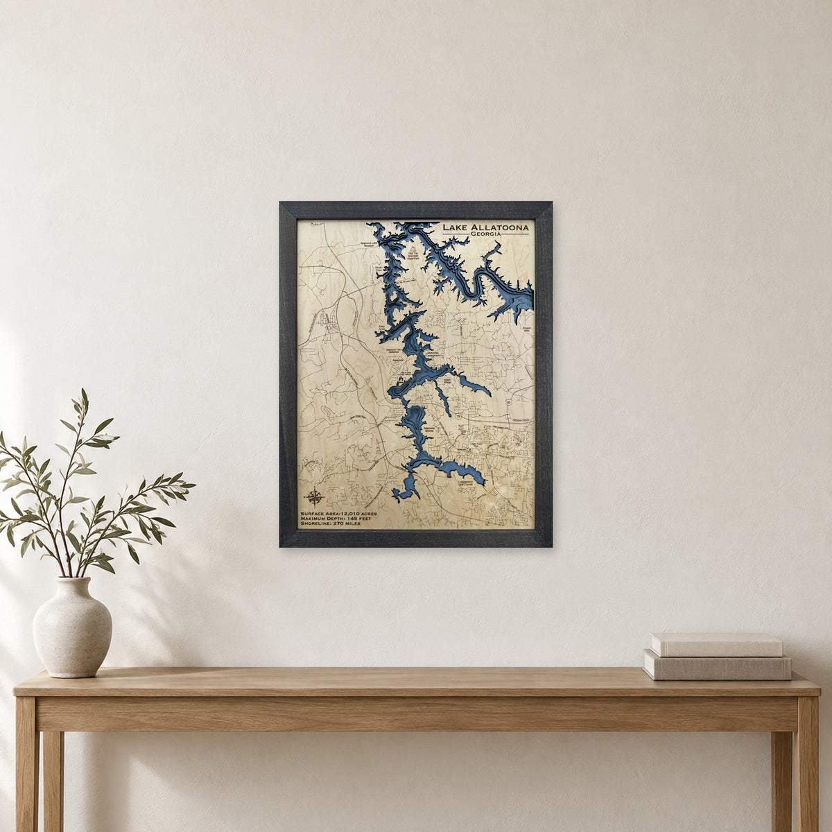 Lake Allatoona, Georgia Wood Map — Multilayer — room mockup