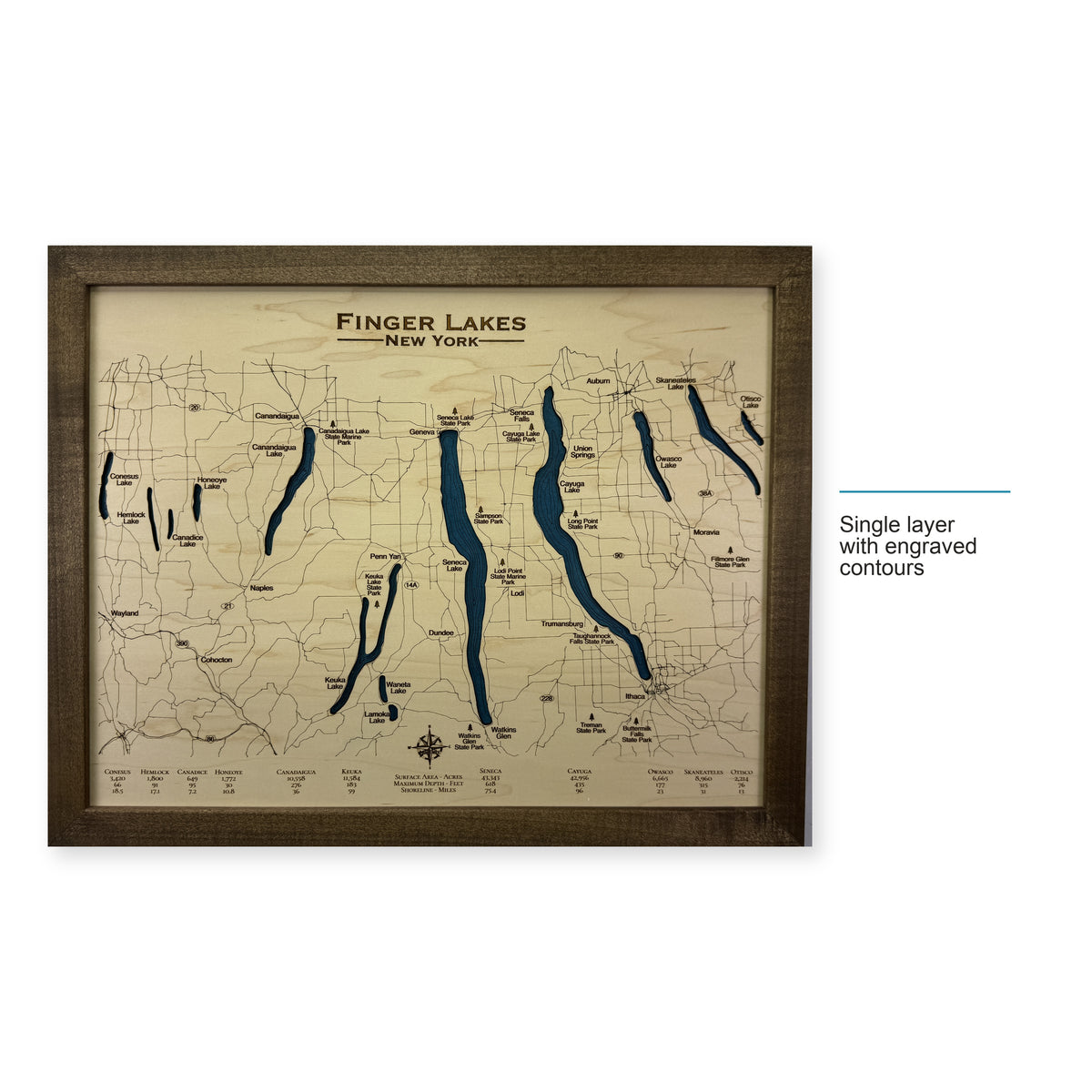 Finger Lakes, New York, Wood Map — Single layer with engraved contours — style-labeled photo