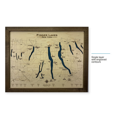 Finger Lakes, New York, Wood Map — Single layer with engraved contours — style-labeled photo