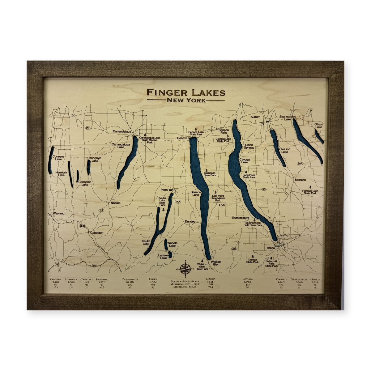 Finger Lakes, New York, Wood Map — Single layer with engraved contours — plain-background photo