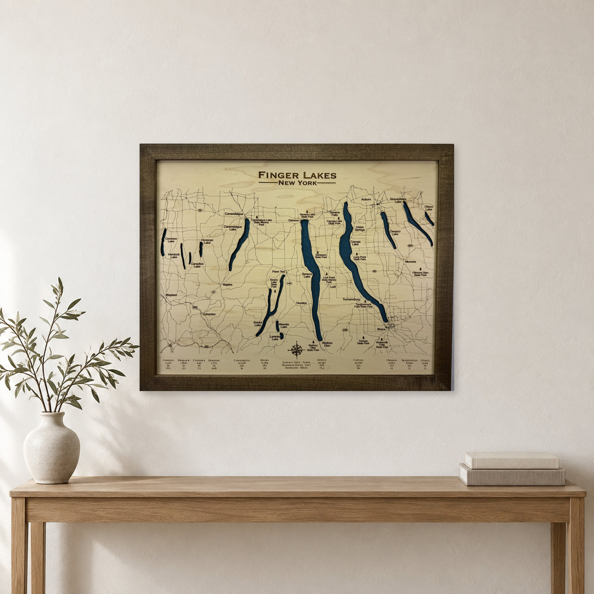 Finger Lakes, New York, Wood Map — Single layer with engraved contours — room mockup