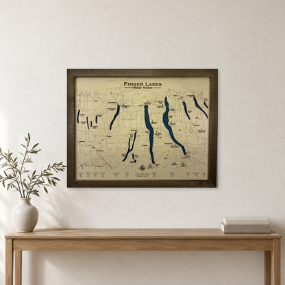 Finger Lakes, New York, Wood Map — Single layer with engraved contours — room mockup