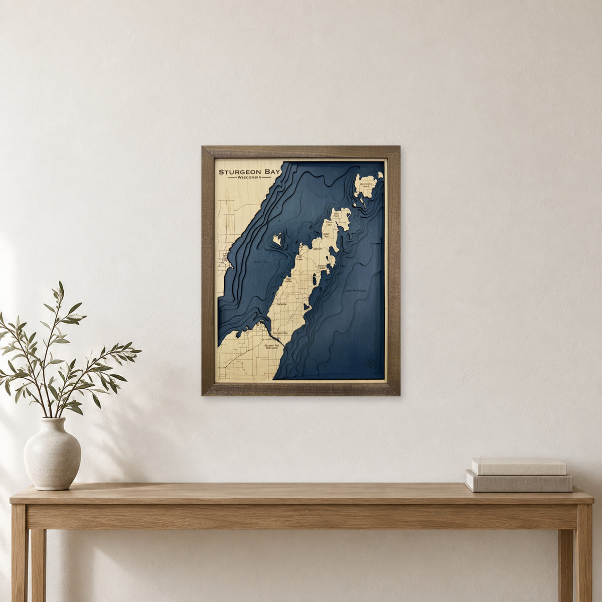 Sturgeon Bay, Wisconsin Wood Map — Multilayer — room mockup