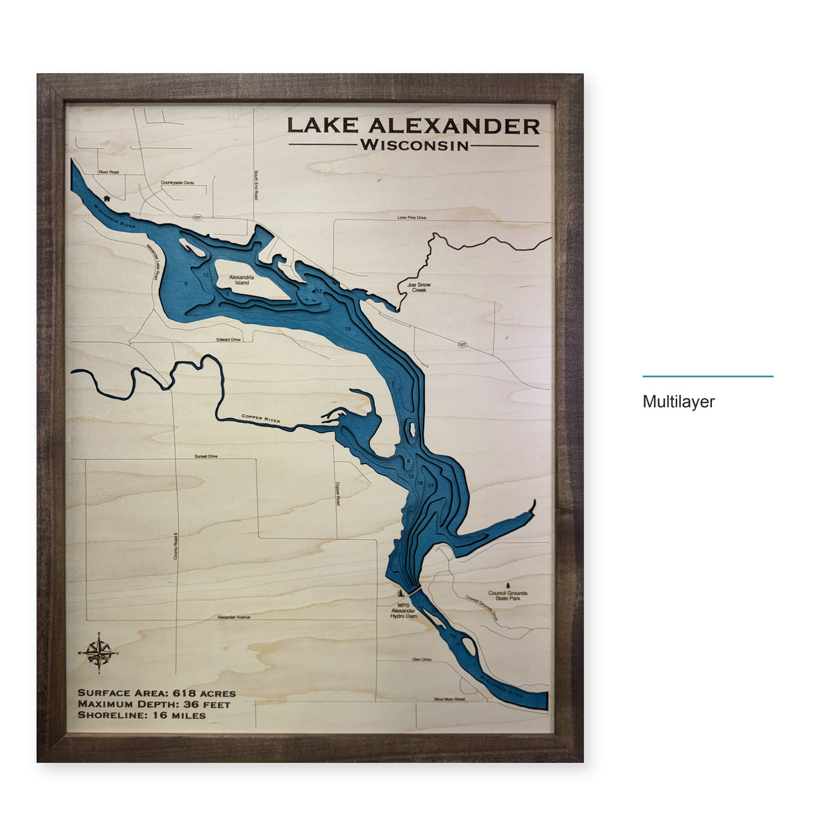Lake Alexander, Wisconsin Wood Map — Multilayer — style-labeled photo