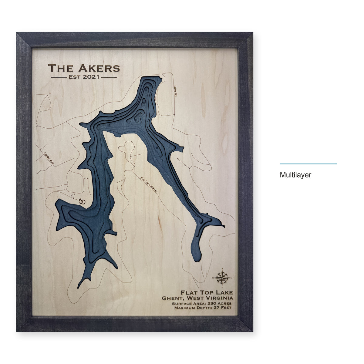 Flat Top Lake, Ghent, West Virginia Wood Map — Multilayer — style-labeled photo
