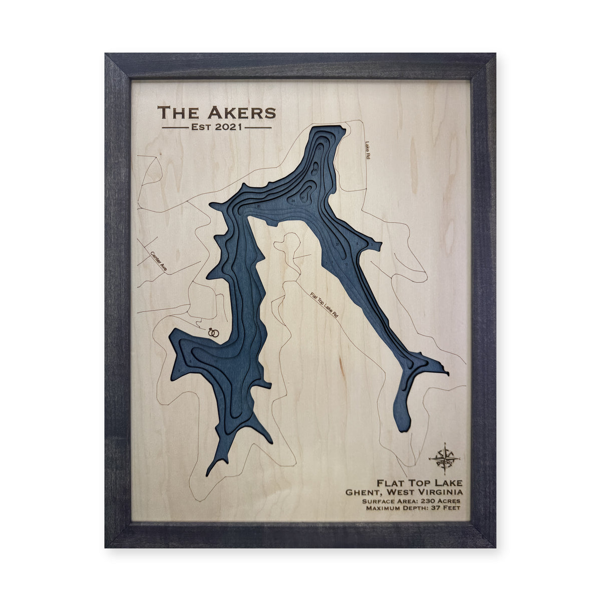 Flat Top Lake, Ghent, West Virginia Wood Map — Multilayer — plain-background photo