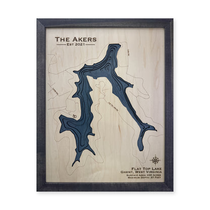 Flat Top Lake, Ghent, West Virginia Wood Map — Multilayer — plain-background photo