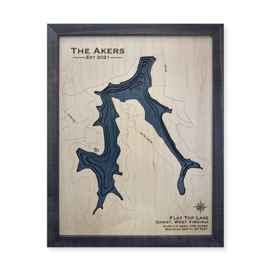 Flat Top Lake, Ghent, West Virginia Wood Map — Multilayer — plain-background photo
