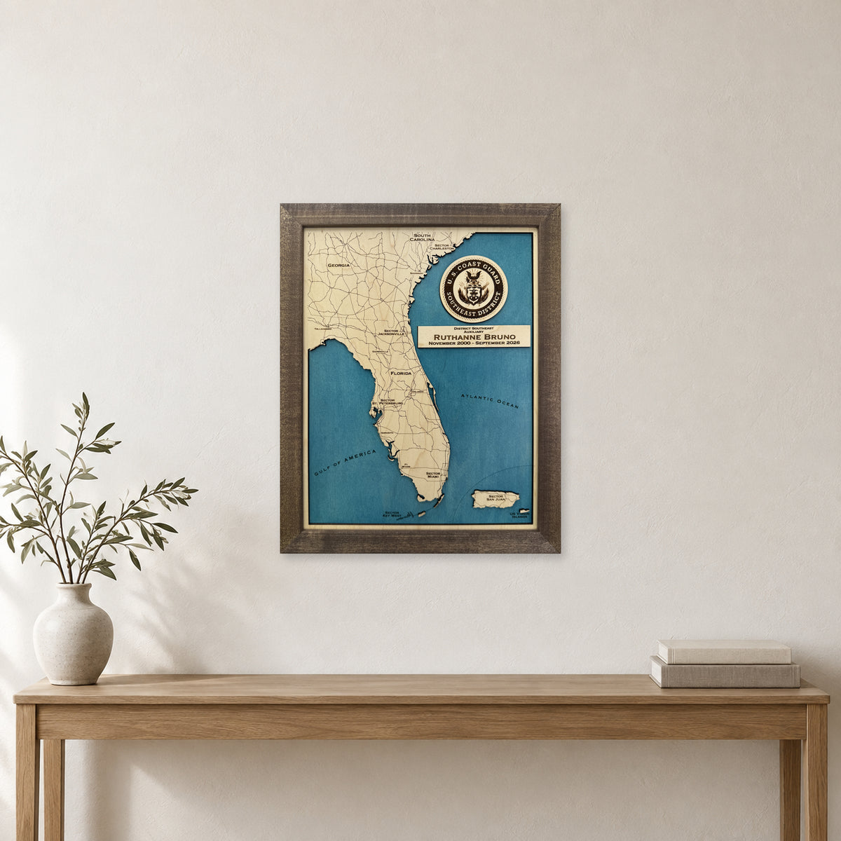 Florida State Coastline Map — Single layer with engraved detail — room mockup