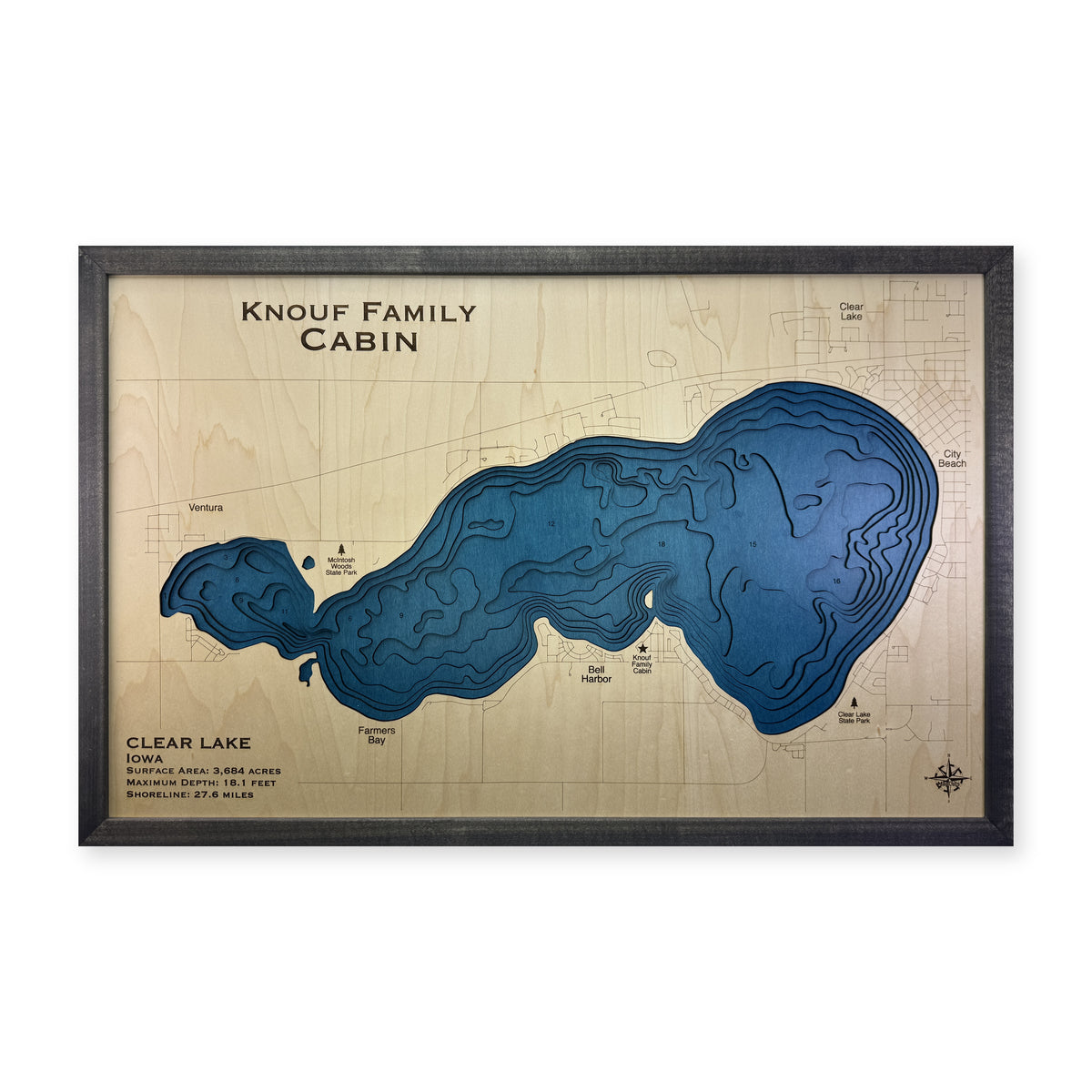 Clear Lake, Iowa Wood Map — Multilayer — plain-background photo