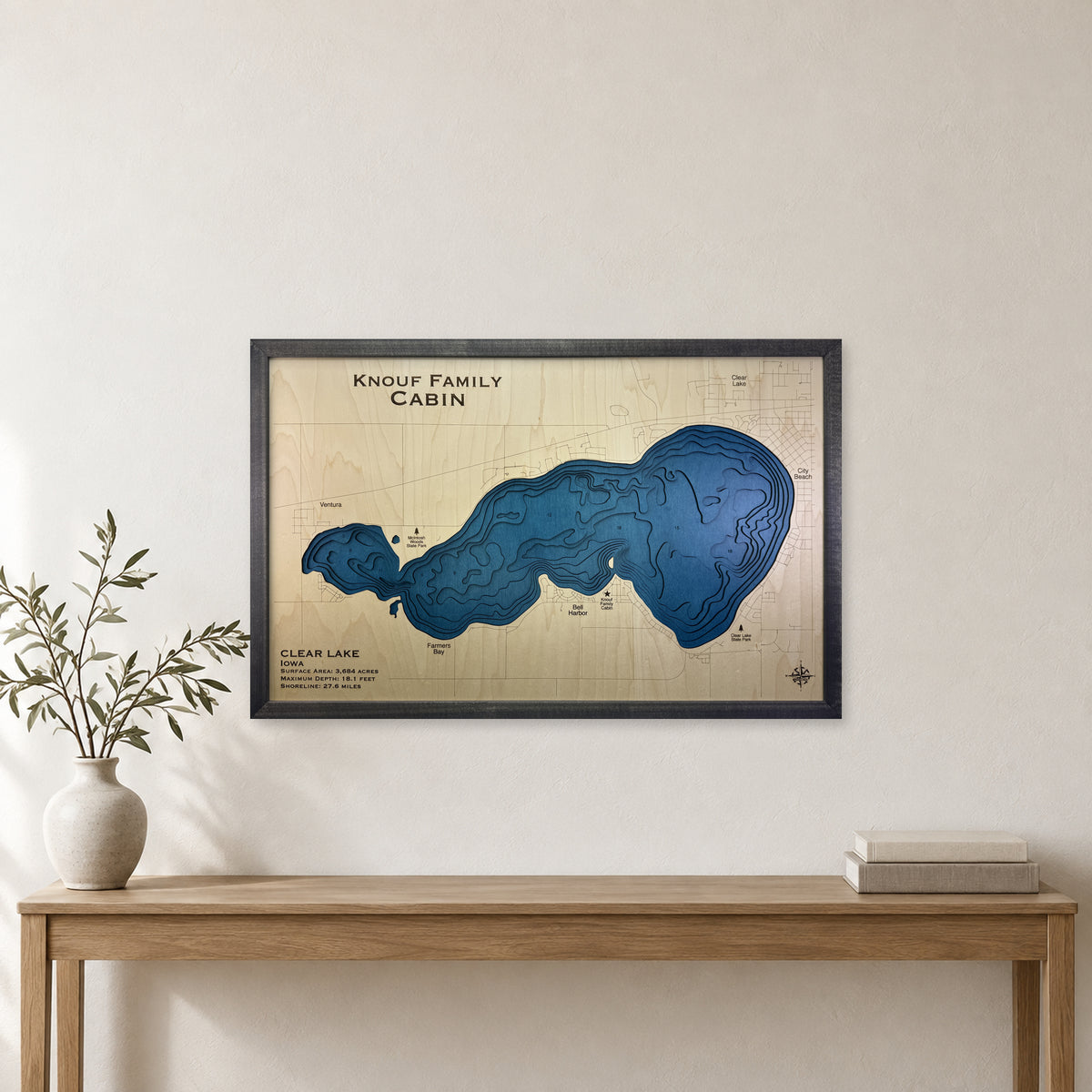 Clear Lake, Iowa Wood Map — Multilayer — room mockup
