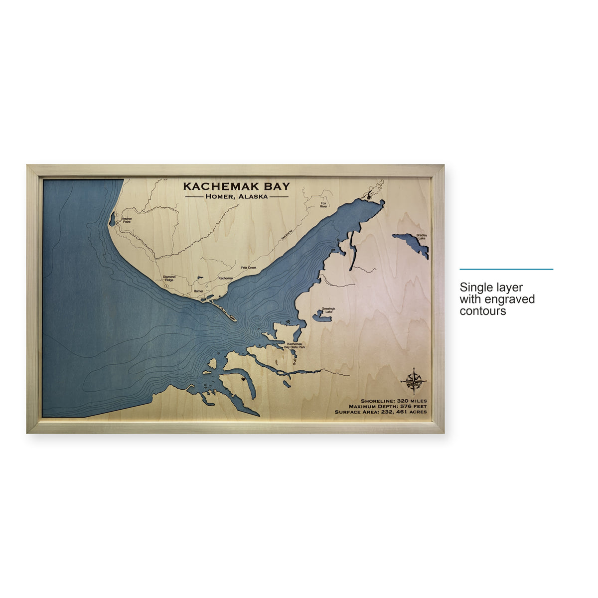 Kachemak Bay, Alaska Wood Map — Single layer with engraved contours — style-labeled photo